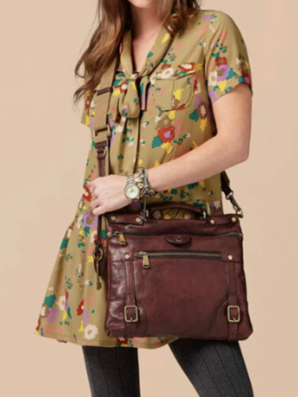 Fossil Women's Vintage Brown Emilia Leather Top Handle Crossbody Bag
